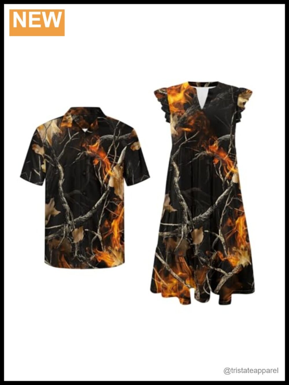 Couples Matching Hawaiian Shirt for Men and Flowy V-Neck Ruffle Sleeve Dress